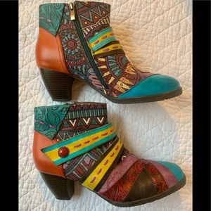 Socofy boots size 42 (11) leather & heavy tapestry